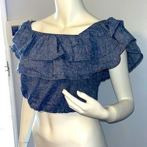 Express- denim ruffle off the shoulder crop top